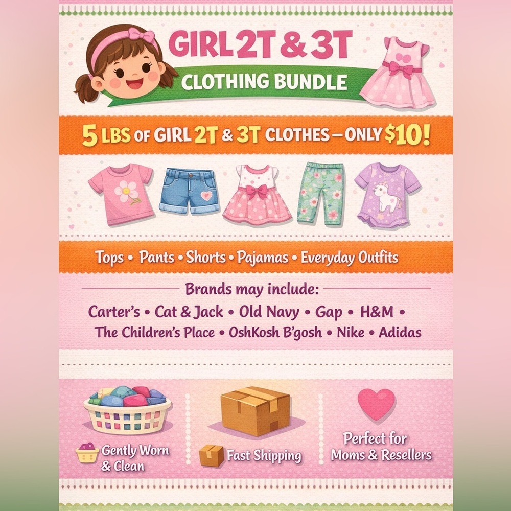 Girls' 2T or 3T Clothing Mystery Bundle - Dresses, Tops, Pants, Shorts, Pajamas